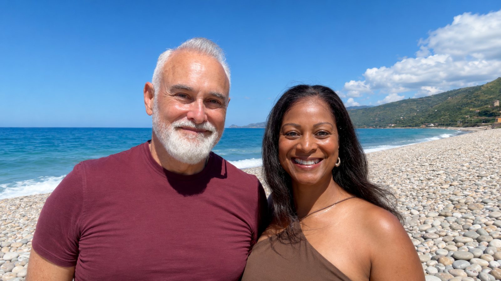 Carlo and Jeia Lauria on the pebbled beach at Tusa, Sicily